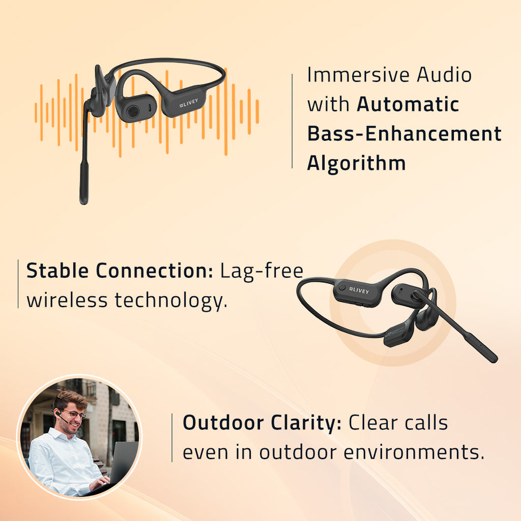 LIVEY Audixa OpenEar 750BT Wireless Headset AI Environmental Noise Cancellation Algorithm, Engineered for All-Day Comfort
